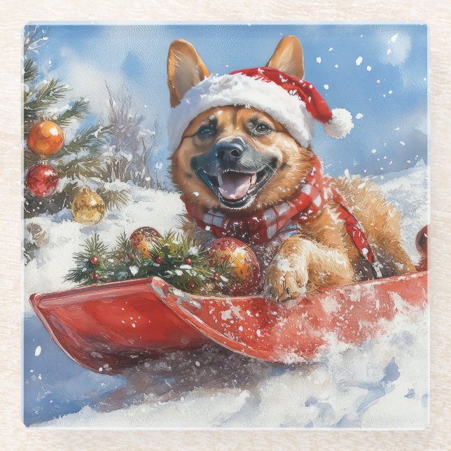 Belgian Malinoi in Sledge Let it Snow Christmas Glass Coaster (Front)