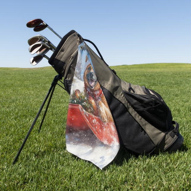 Belgian Malinoi in Sledge Let it Snow Christmas Golf Towel (Green)