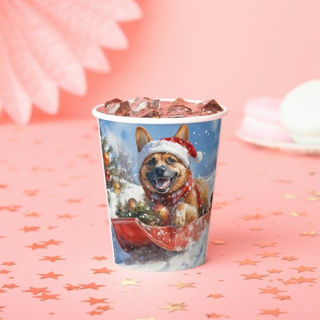 Belgian Malinoi in Sledge Let it Snow Christmas Paper Cups (Insitu)