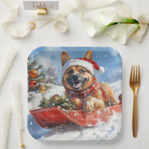 Belgian Malinoi in Sledge Let it Snow Christmas Paper Plate