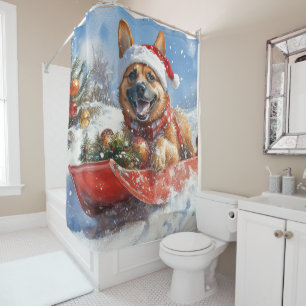 Belgian Malinoi in Sledge Let it Snow Christmas Shower Curtain