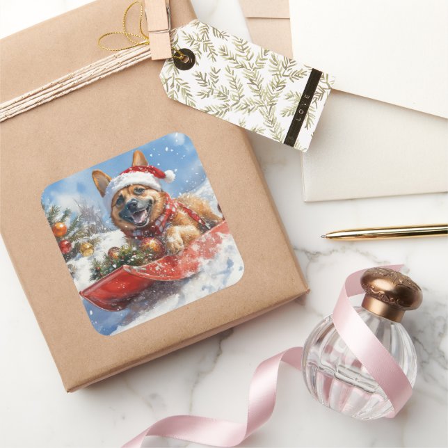 Belgian Malinoi in Sledge Let it Snow Christmas Square Sticker (Gifting)