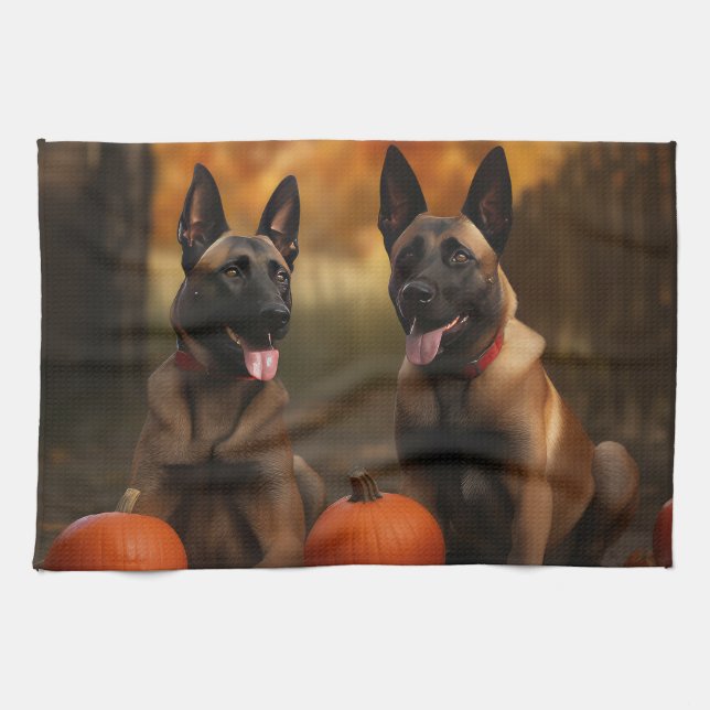 Belgian Malinoi Puppy Autumn Delight Pumpkin  Tea Towel (Horizontal)
