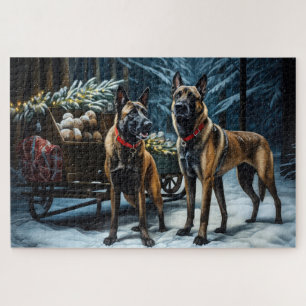 Belgian Malinoi Snowy Sleigh Christmas Decor Jigsaw Puzzle