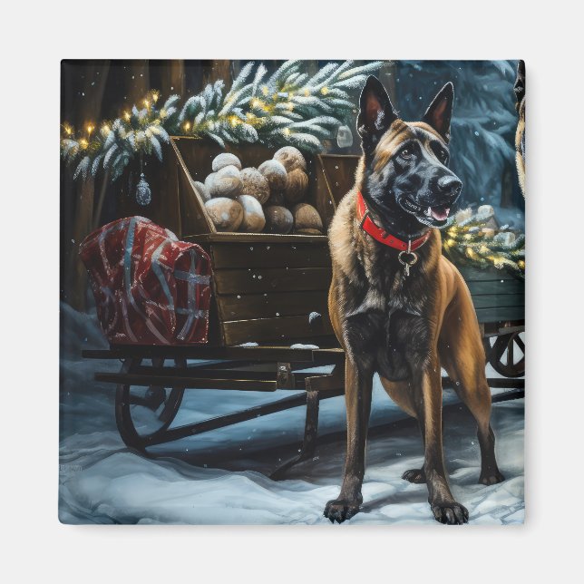 Belgian Malinoi Snowy Sleigh Christmas Decor Magnet (Front)