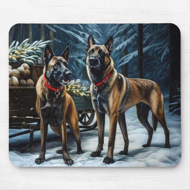 Belgian Malinoi Snowy Sleigh Christmas Decor Mouse Mat (Front)