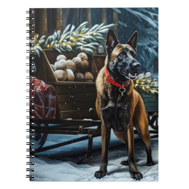 Belgian Malinoi Snowy Sleigh Christmas Decor Notebook (Front)