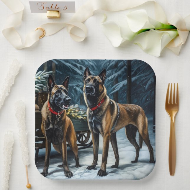 Belgian Malinoi Snowy Sleigh Christmas Decor Paper Plate (Wedding)
