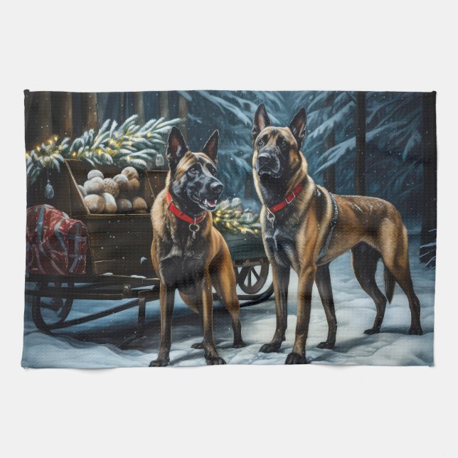 Belgian Malinoi Snowy Sleigh Christmas Decor Tea Towel (Horizontal)