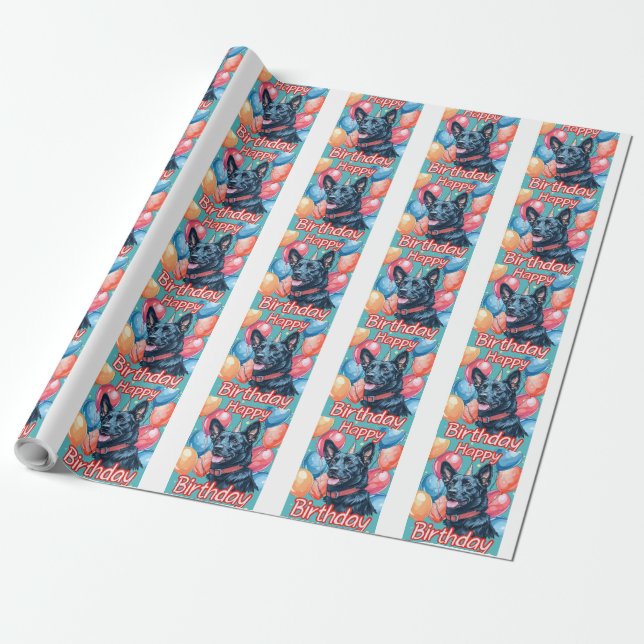 Belgian Malinoi with Balloons Birthday Wrapping Paper (Unrolled)