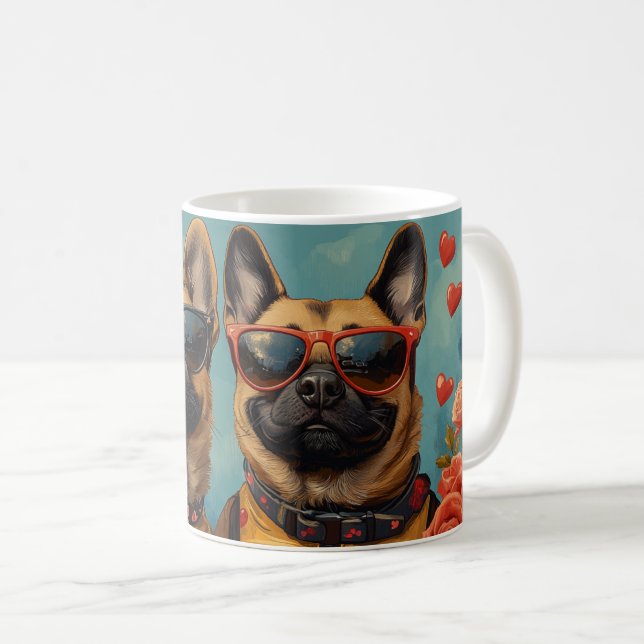 Belgian Malinoi With Heart Roses Valentine's Day Coffee Mug (Front Right)