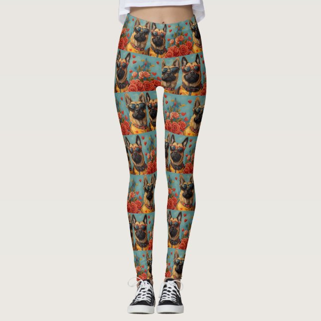 Belgian Malinoi With Heart Roses Valentine's Day Leggings (Front)