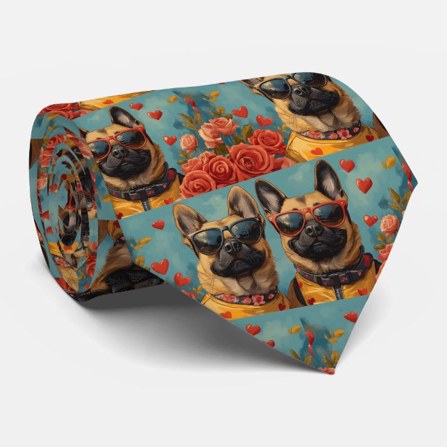 Belgian Malinoi With Heart Roses Valentine's Day Tie (Rolled)