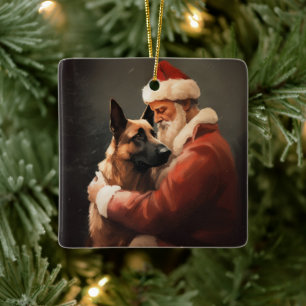 Belgian Malinoi With Santa Claus Festive Christmas Ceramic Ornament