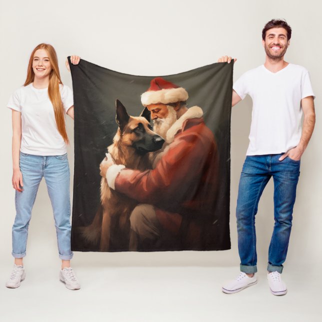 Belgian Malinoi With Santa Claus Festive Christmas Fleece Blanket (In Situ)