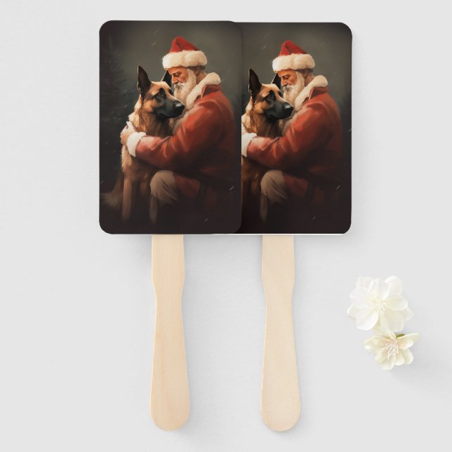 Belgian Malinoi With Santa Claus Festive Christmas Hand Fan (Front and Back)