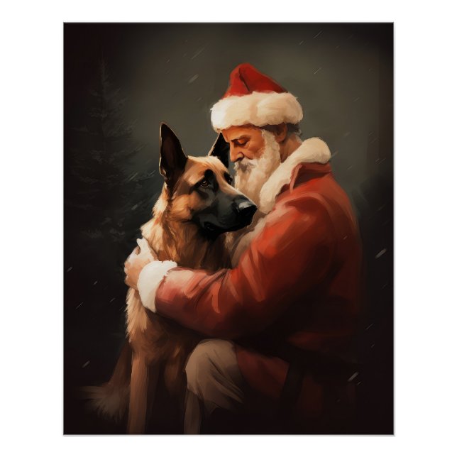 Belgian Malinoi With Santa Claus Festive Christmas Poster (Front)