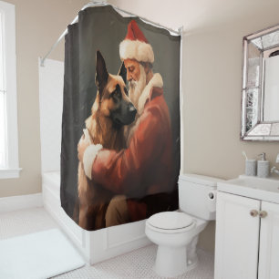 Belgian Malinoi With Santa Claus Festive Christmas Shower Curtain