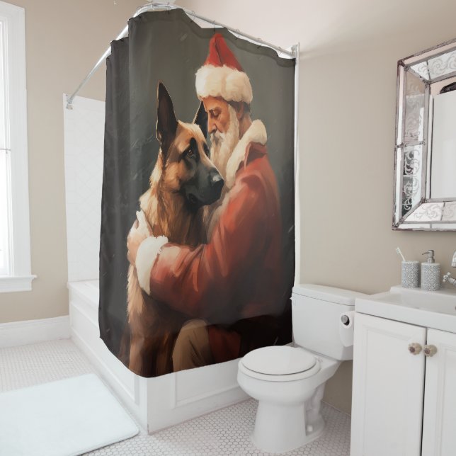 Belgian Malinoi With Santa Claus Festive Christmas Shower Curtain (In Situ)