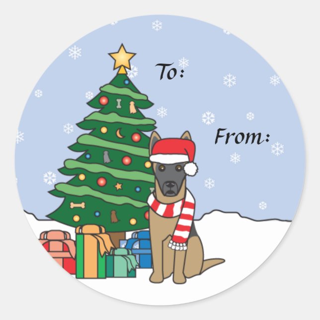 Belgian Malinois and Christmas Tree Classic Round Sticker (Front)