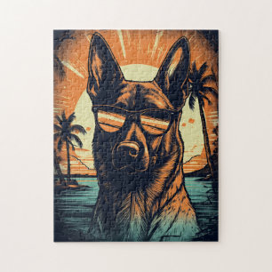 Belgian Malinois at a tropical beach during sunset Jigsaw Puzzle