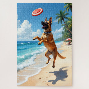 Belgian Malinois Beach Action Scene Jigsaw Puzzle