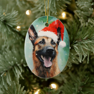 Belgian Malinois Christmas brush painting artwork Ceramic Tree Decoration
