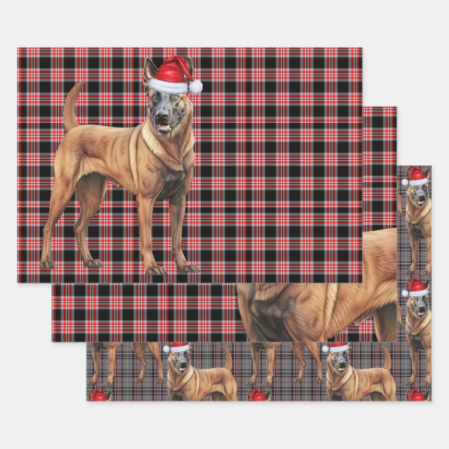 Belgian Malinois Christmas Dog Red Holiday Plaid Wrapping Paper Sheet (Set)