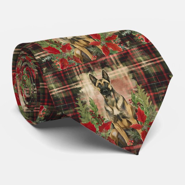 Belgian Malinois Christmas Plaid Tie (Rolled)