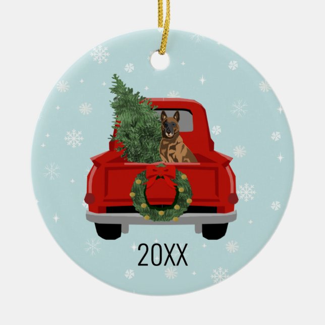 Belgian Malinois Christmas red truck Ceramic Tree Decoration (Front)
