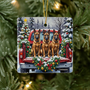 Belgian Malinois Christmas Red Truck Holiday Ceramic Ornament