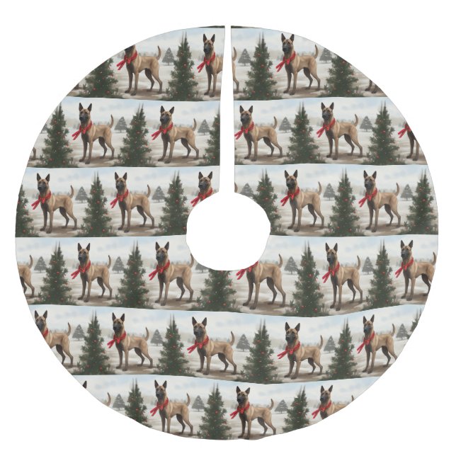 Belgian Malinois Dog in Snow Christmas Brushed Polyester Tree Skirt (Front)