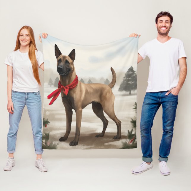 Belgian Malinois Dog in Snow Christmas Fleece Blanket (In Situ)