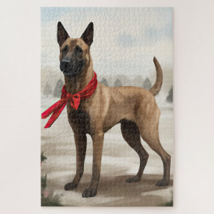 Belgian Malinois Dog in Snow Christmas Jigsaw Puzzle