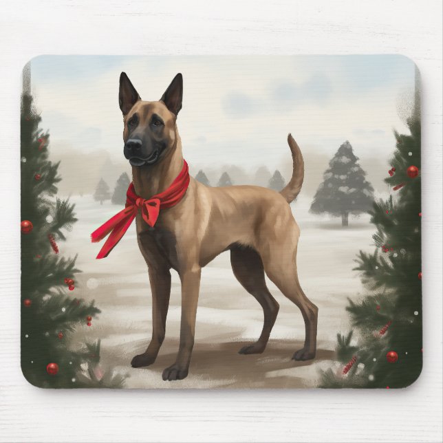 Belgian Malinois Dog in Snow Christmas Mouse Mat (Front)