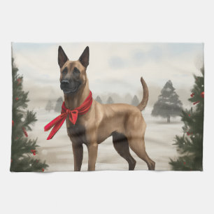 Belgian Malinois Dog in Snow Christmas Tea Towel