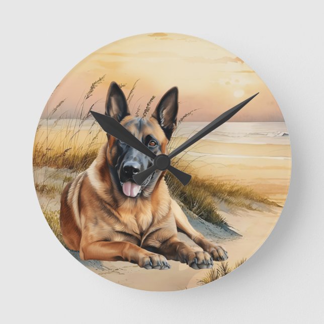 Belgian Malinois Dog Lover Sandy Beach Round Clock (Front)