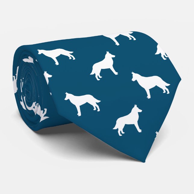 Belgian Malinois Dog Silhouettes Pattern Blue Tie (Rolled)
