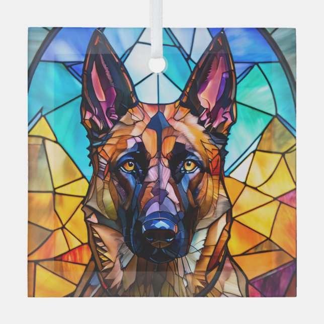 Belgian Malinois Dog "Stained Glass" Glass Tree Decoration (Front)