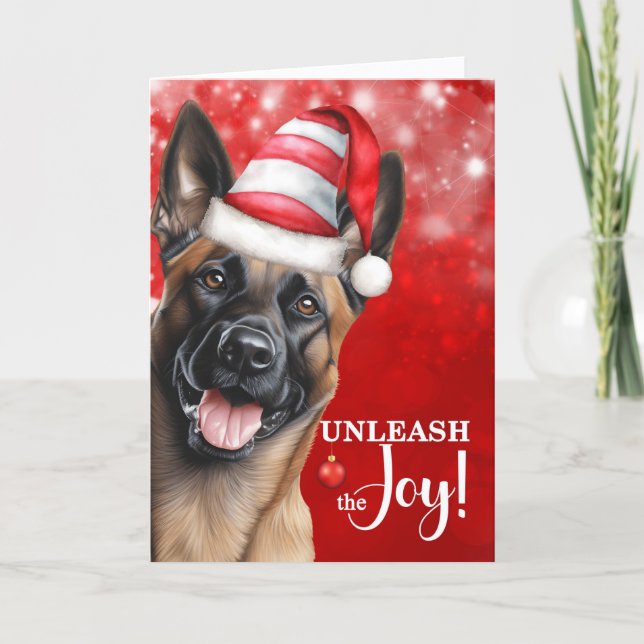 Belgian Malinois Dog Unleash the Joy Christmas Holiday Card (Front)