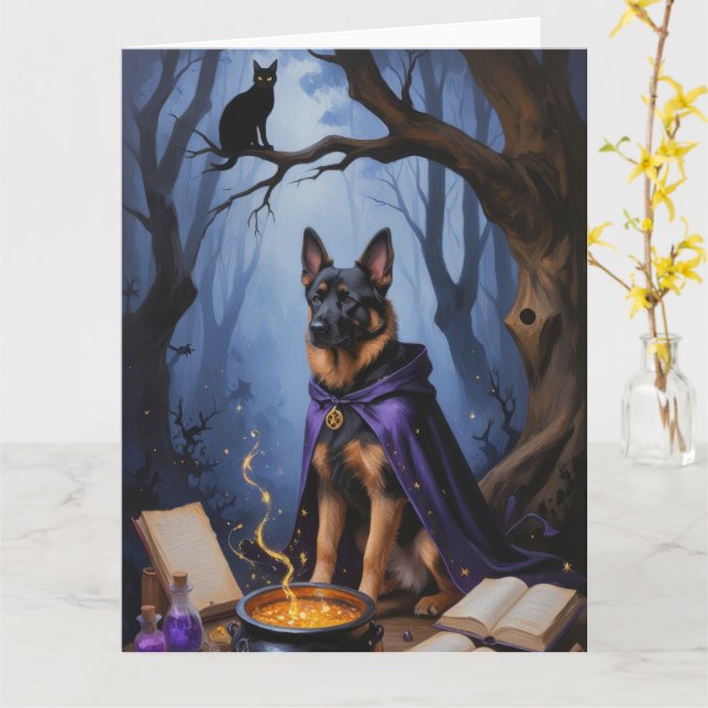 Belgian Malinois Dog Whimsical Halloween Painting Card (Yellow Flower)