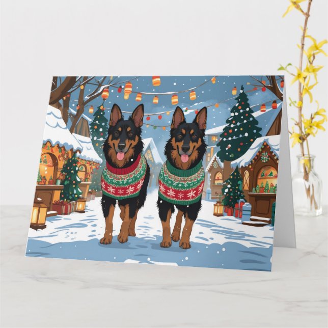 Belgian Malinois Dogs Christmas Snow Holiday  Card (Yellow Flower)