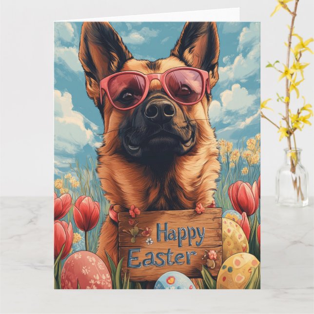Belgian Malinois Easter Eggs Card (Yellow Flower)