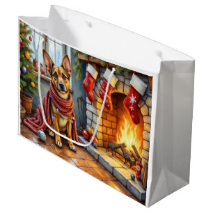 Belgian Malinois Fireplace with Christmas Lights Large Gift Bag