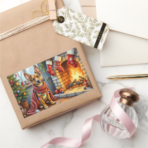 Belgian Malinois Fireplace with Christmas Lights Rectangular Sticker