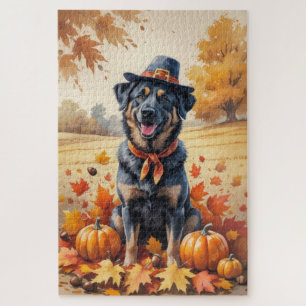 Belgian Malinois In Autumn Leaves Thanksgiving Art Jigsaw Puzzle