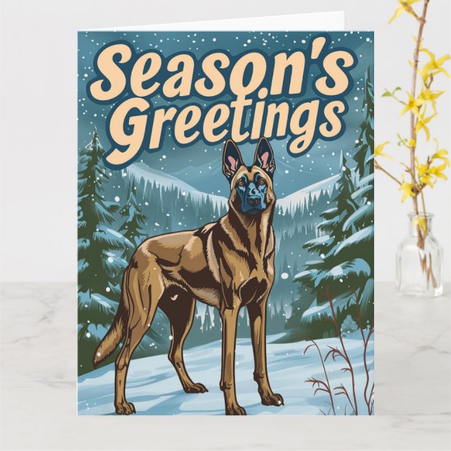 Belgian Malinois in Snow Christmas Card (Yellow Flower)