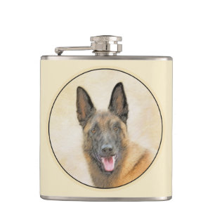 Belgian Malinois Painting - Cute Original Dog Art Hip Flask