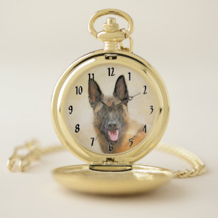 Belgian Malinois Painting - Cute Original Dog Art Pocket Watch