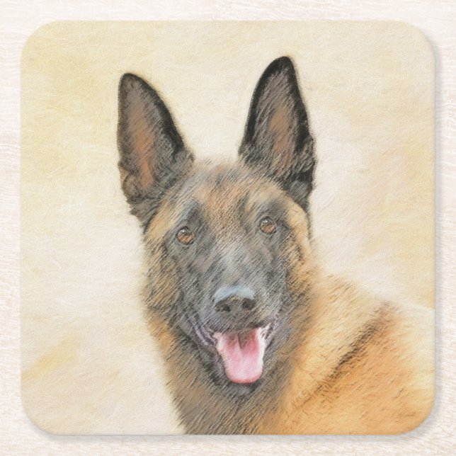 Belgian Malinois Painting - Cute Original Dog Art Square Paper Coaster (Front)